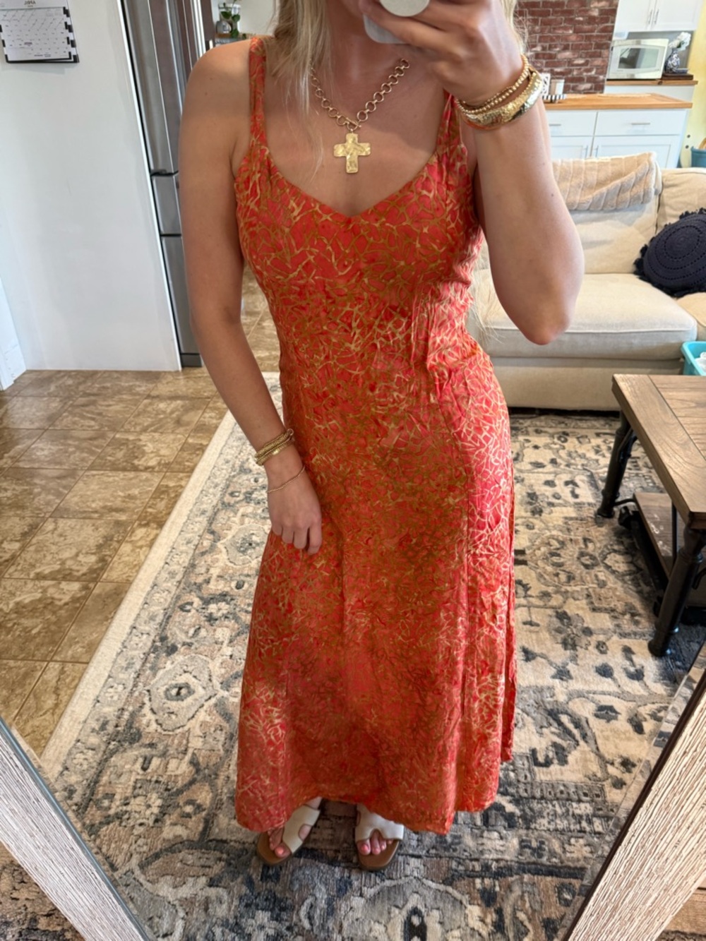 Sleeveless Orange Maxi Slip Dress with Gold Lattice